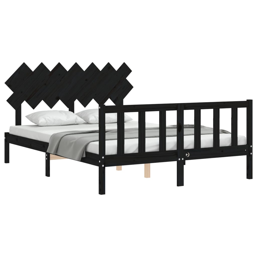 vidaXL Bed Frame with Headboard Black King Size Solid Wood