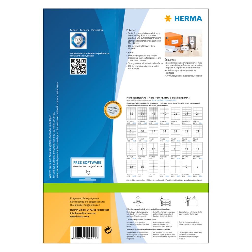 HERMA Permanent Labels PREMIUM A4 105x48 mm 100 Sheets