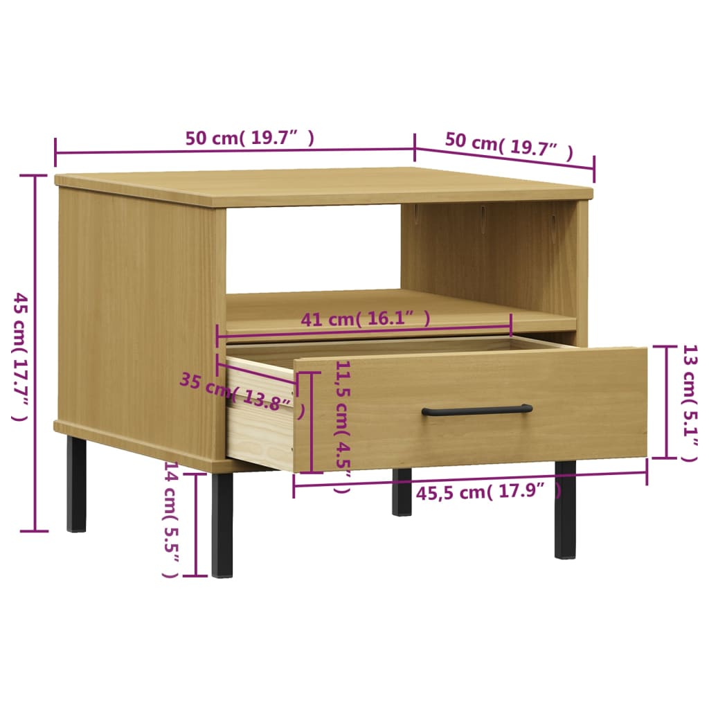 vidaXL Bedside Table with Metal Legs Brown Solid Wood Pine OSLO