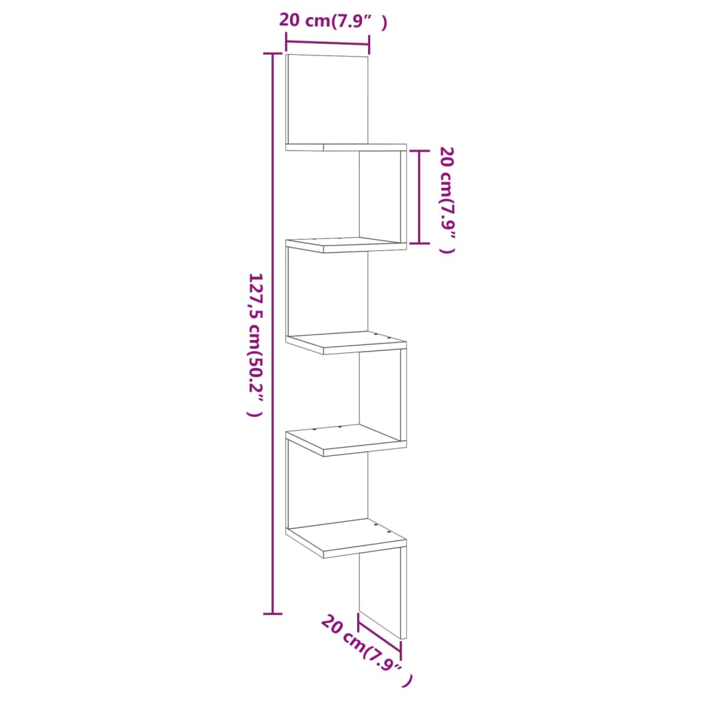 vidaXL Wall Corner Shelf Grey Sonoma 20x20x127.5 cm Engineered Wood