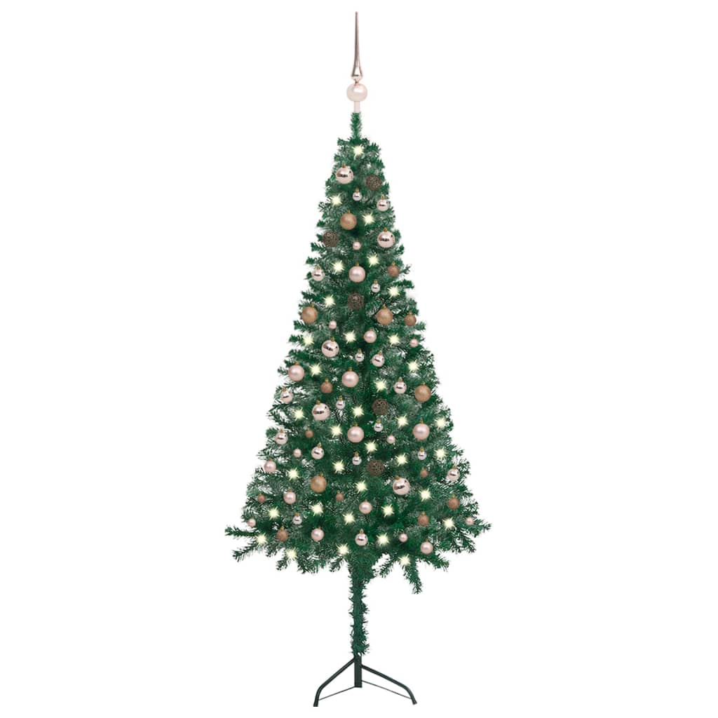 vidaXL Corner Artificial Christmas Tree LEDs&Ball Set Green 210 cm PVC