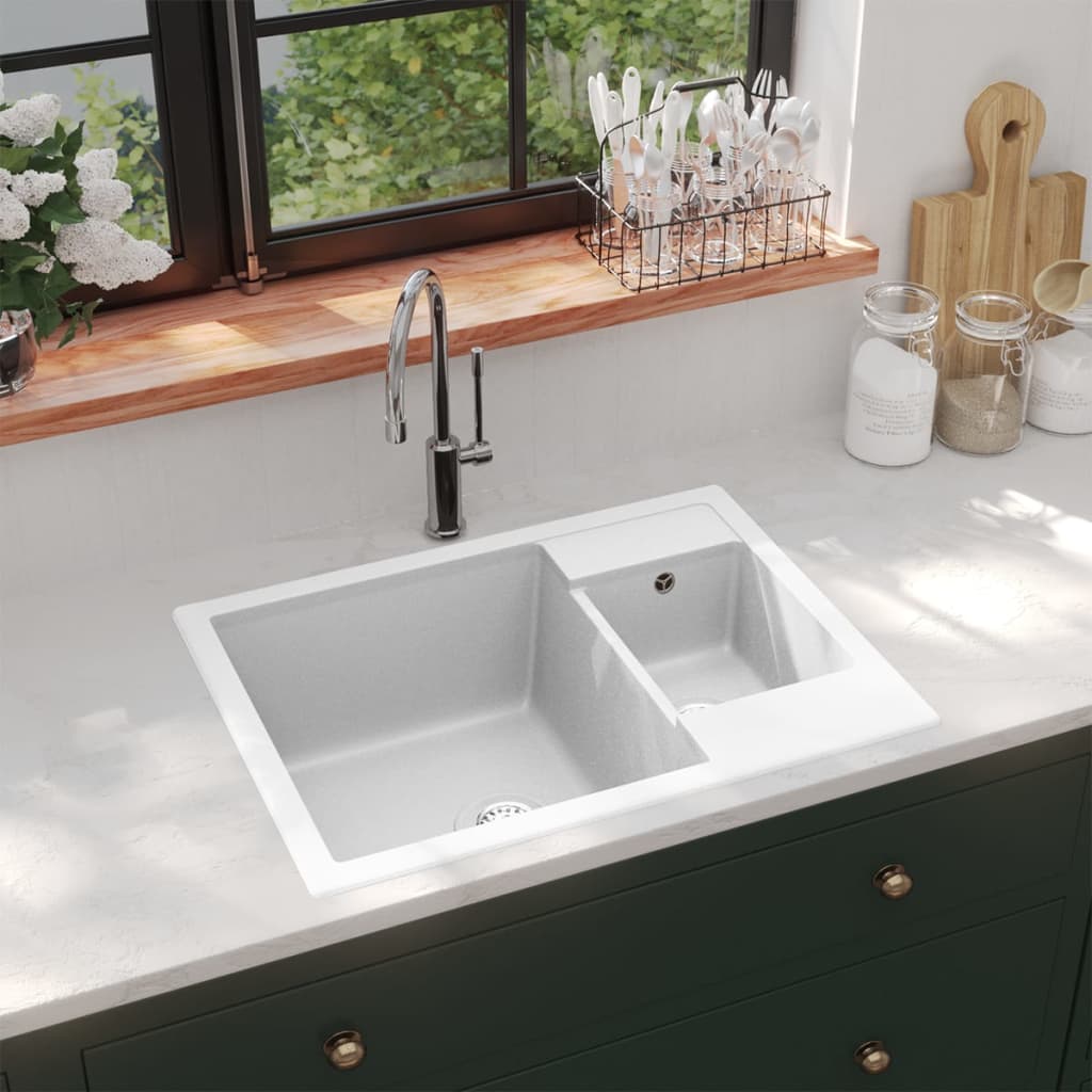 vidaXL Kitchen Sink with Overflow Hole Double Basins White Granite
