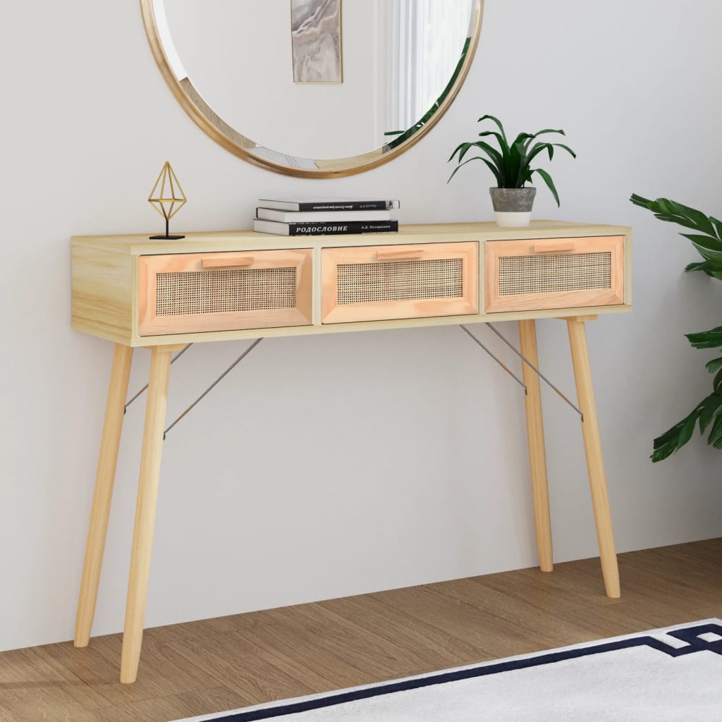 vidaXL Console Table Brown 105x30x75 cm Solid Wood Pine&Natural Rattan