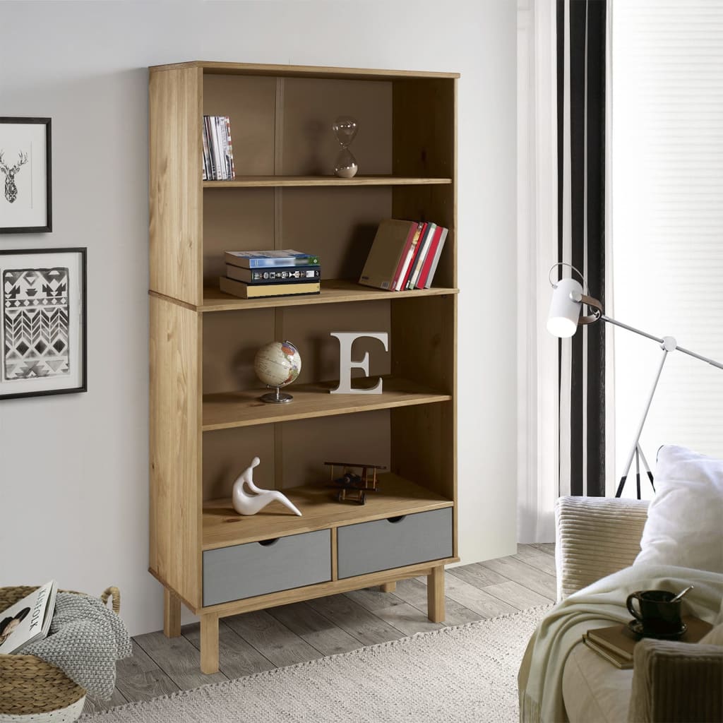vidaXL Bookcase OTTA with 2 Drawers Brown and Grey Solid Wood Pine