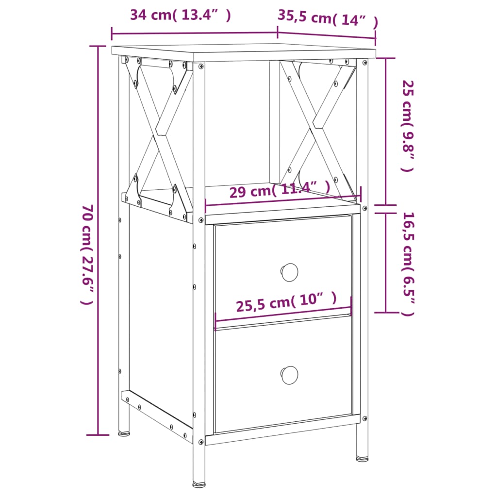 vidaXL Bedside Cabinet Smoked Oak 34x35.5x70 cm Engineered Wood