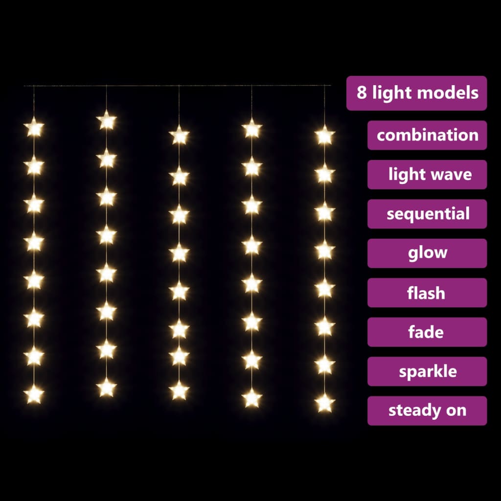 vidaXL LED Star Curtain Fairy Lights 200 LED Warm White 8 Function
