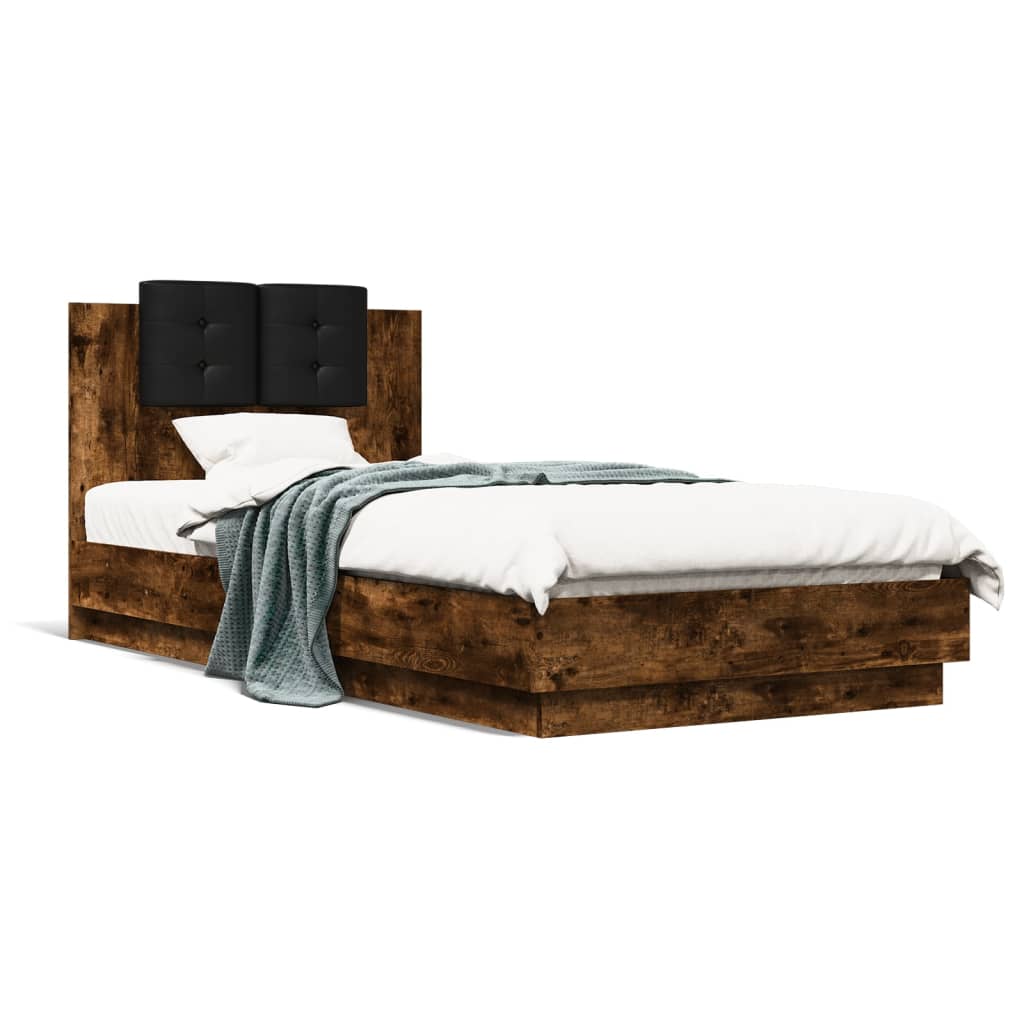 vidaXL Bed Frame with Headboard and LED Lights Smoked Oak 90x200 cm