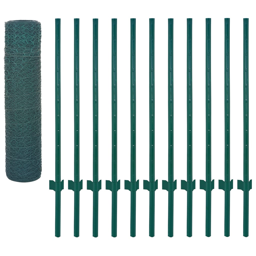 vidaXL Wire Mesh Fence with Posts Steel 25x0.5 m Green