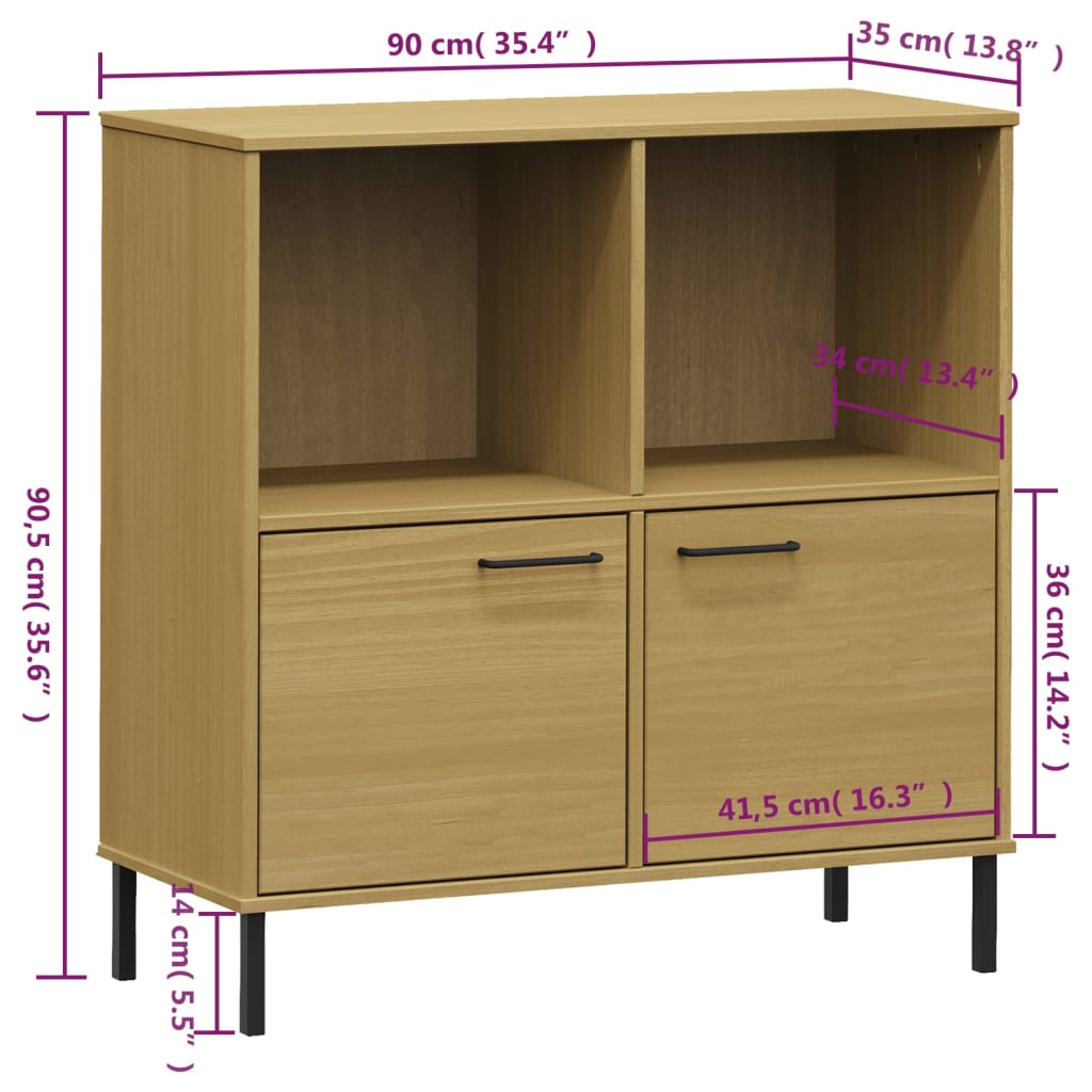 vidaXL Bookcase with Metal Legs Brown 90x35x90.5 cm Solid Wood OSLO