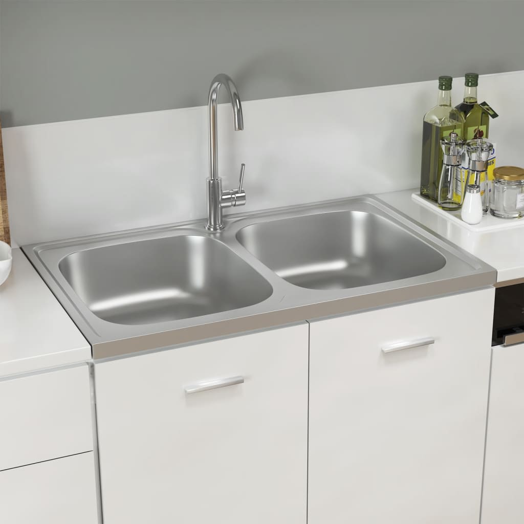 vidaXL Kitchen Sink with Double Basins Silver 800x500x155 mm Stainless Steel