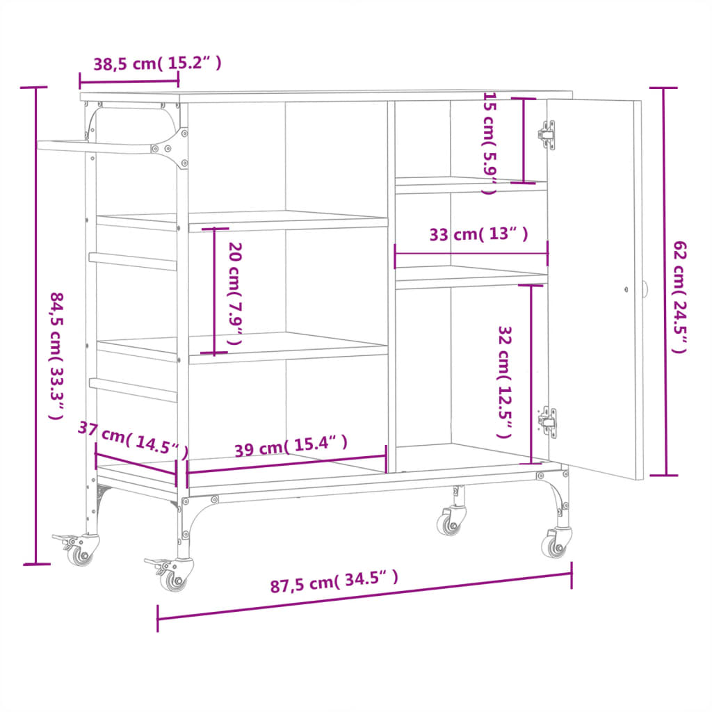 vidaXL Kitchen Trolley Grey Sonoma 87.5x38.5x84.5 cm Engineered Wood