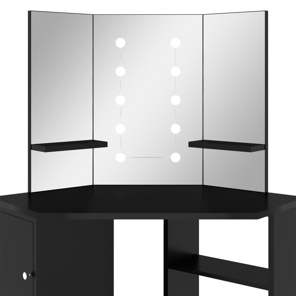 vidaXL Corner Dressing Table with LED Black 111x54x141.5 cm