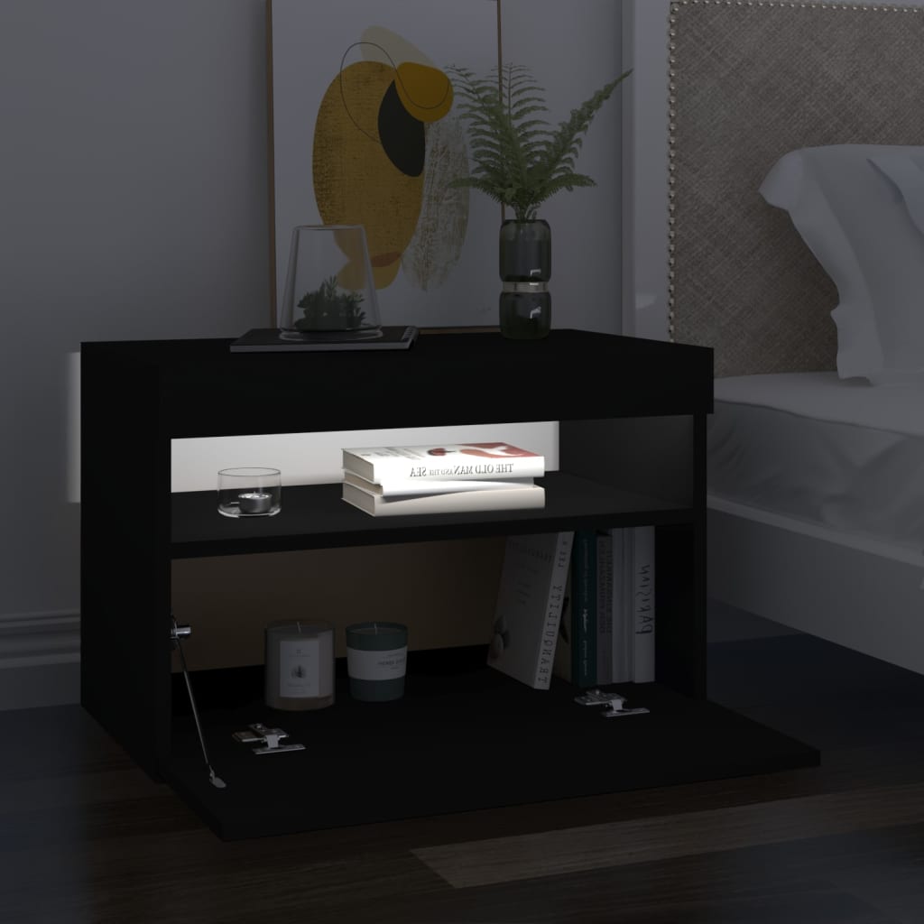 vidaXL Bedside Cabinet & LED Lights 2 pcs Black 60x35x40 cm Engineered Wood