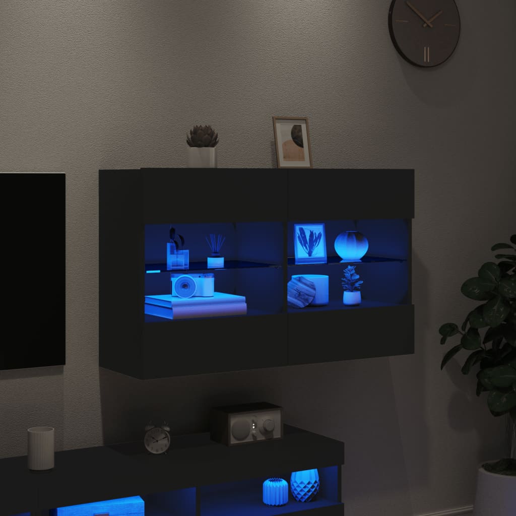 vidaXL TV Wall Cabinet with LED Lights Black 98.5x30x60.5 cm