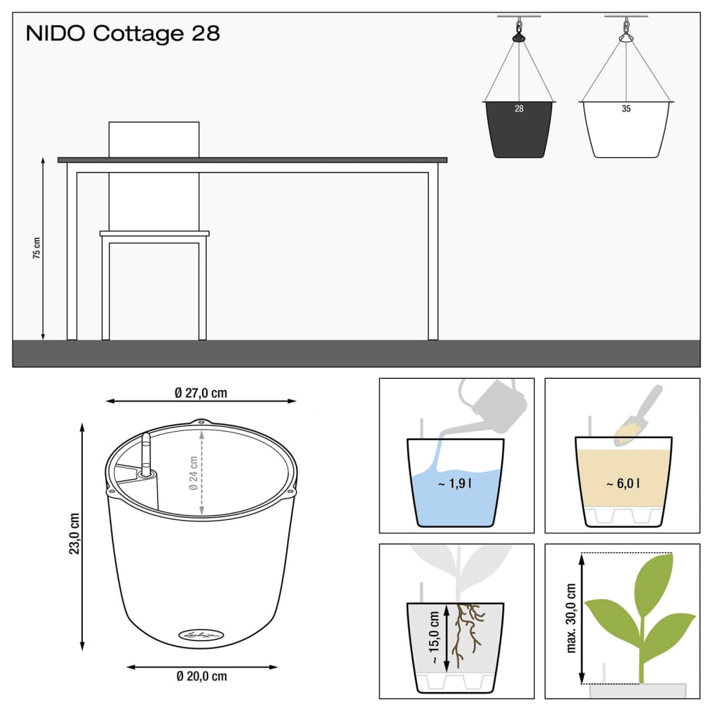 LECHUZA Hanging Planter NIDO Cottage 28 ALL-IN-ONE Mocha
