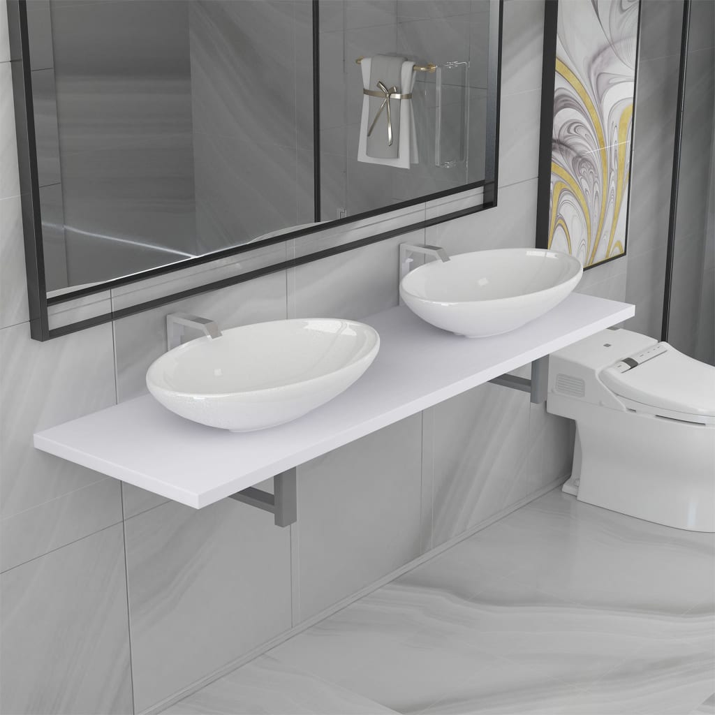 vidaXL Three Piece Bathroom Furniture Set Ceramic White