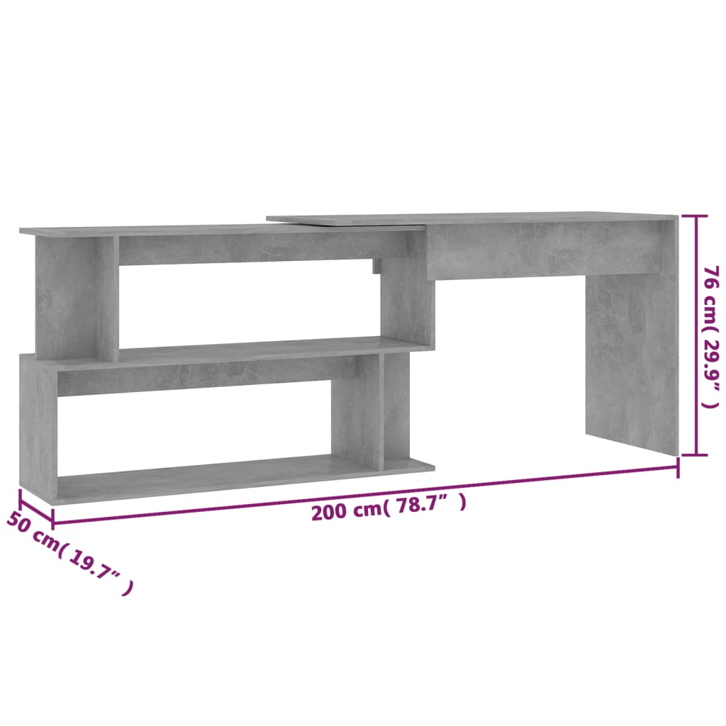 vidaXL Corner Desk Concrete Grey 200x50x76 cm Engineered Wood