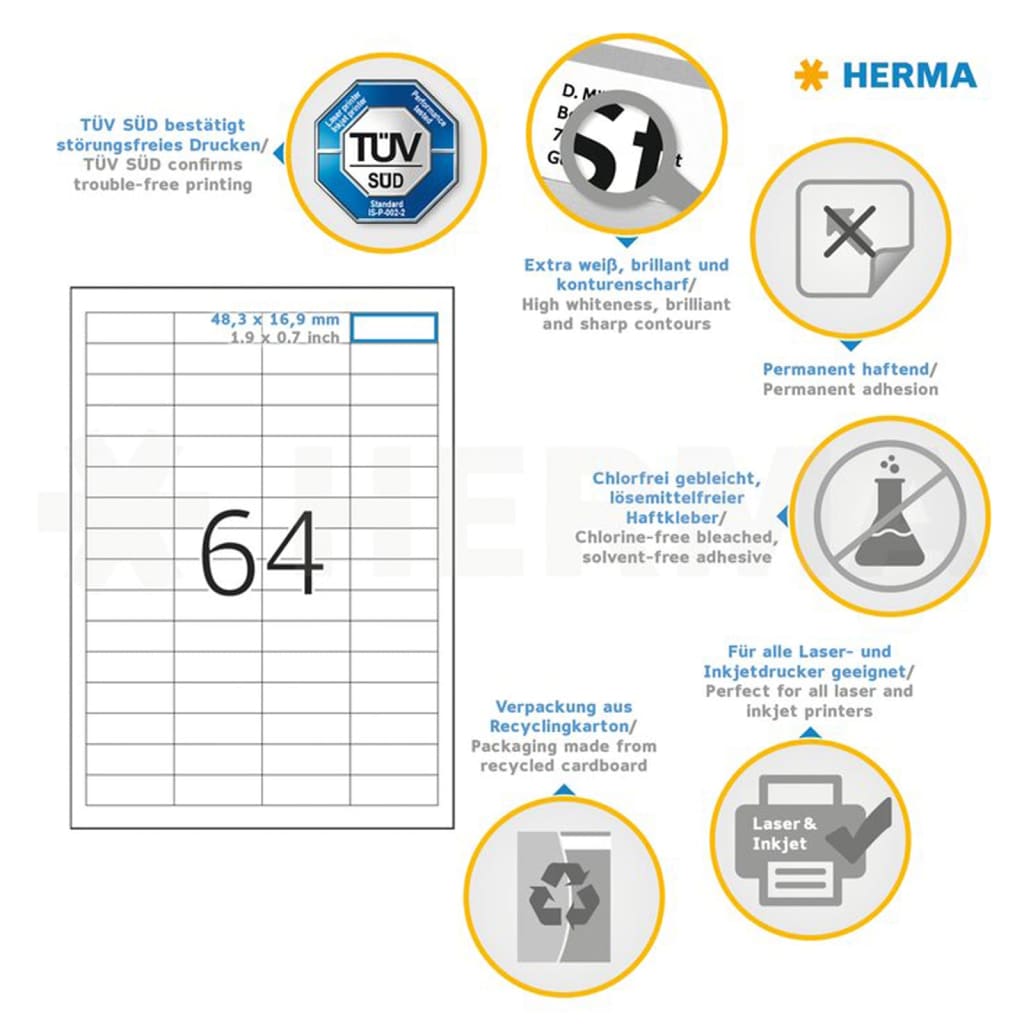 HERMA Permanent Labels PREMIUM A4 48.3x16.9 mm 100 Sheets