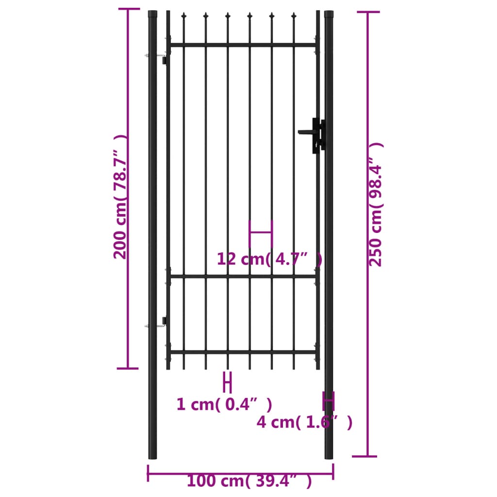vidaXL Fence Gate Single Door with Spike Top Steel 1x2 m Black