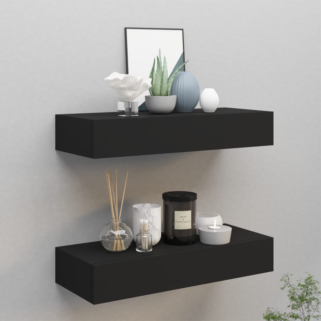 vidaXL Wall-mounted Drawer Shelves 2 pcs Black 60x23.5x10cm MDF