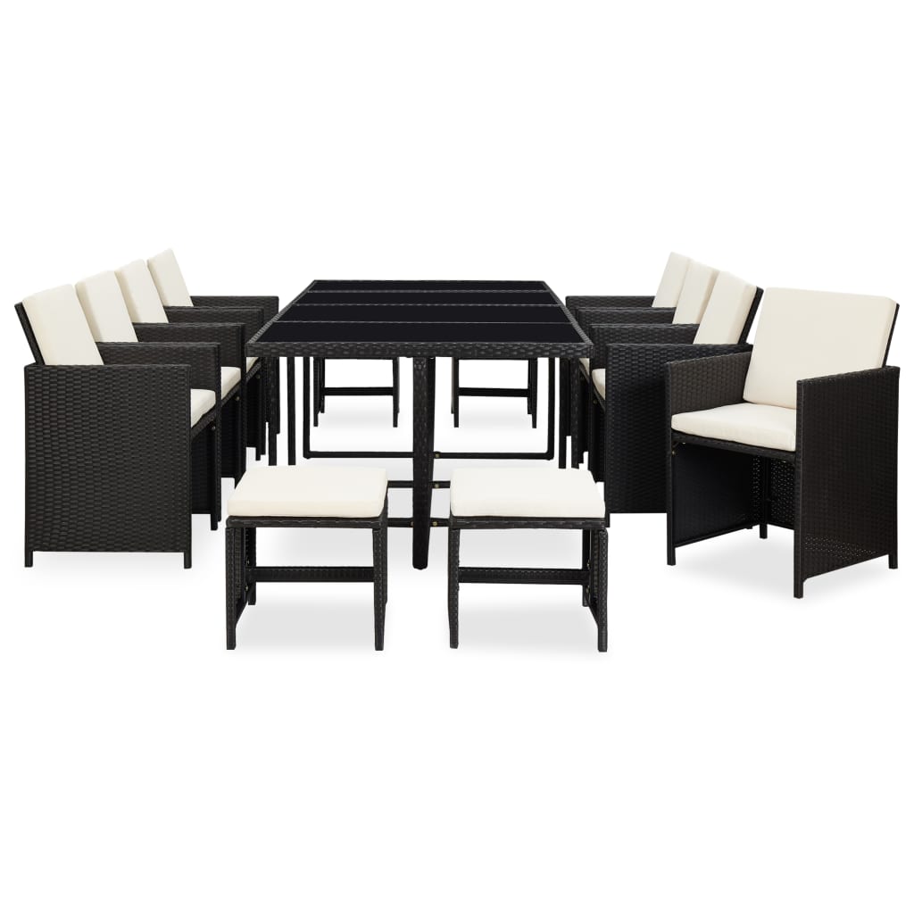 vidaXL 13 Piece Outdoor Dining Set with Cushions Poly Rattan Black