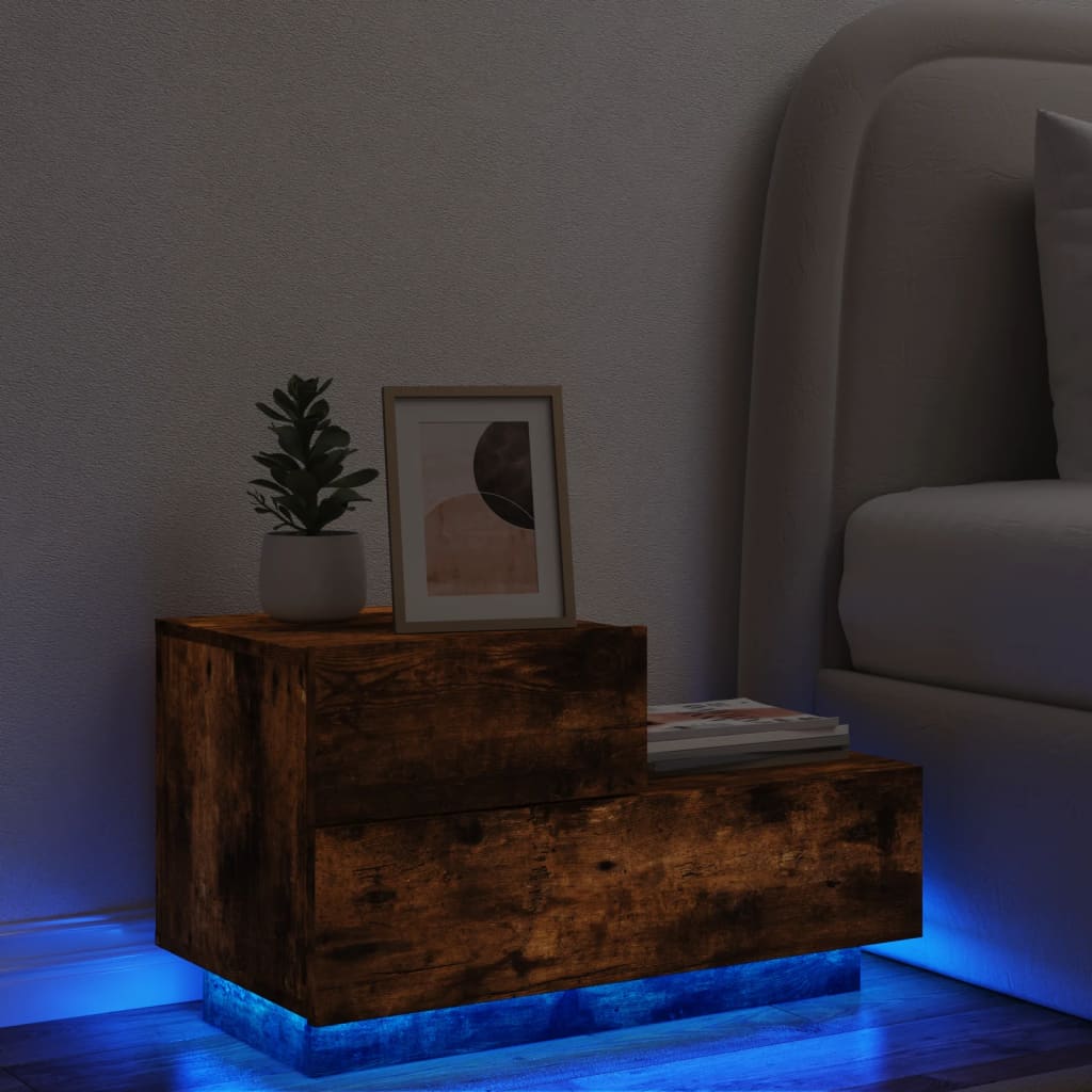 vidaXL Bedside Cabinet with LED Lights Smoked Oak 70x36x40.5 cm