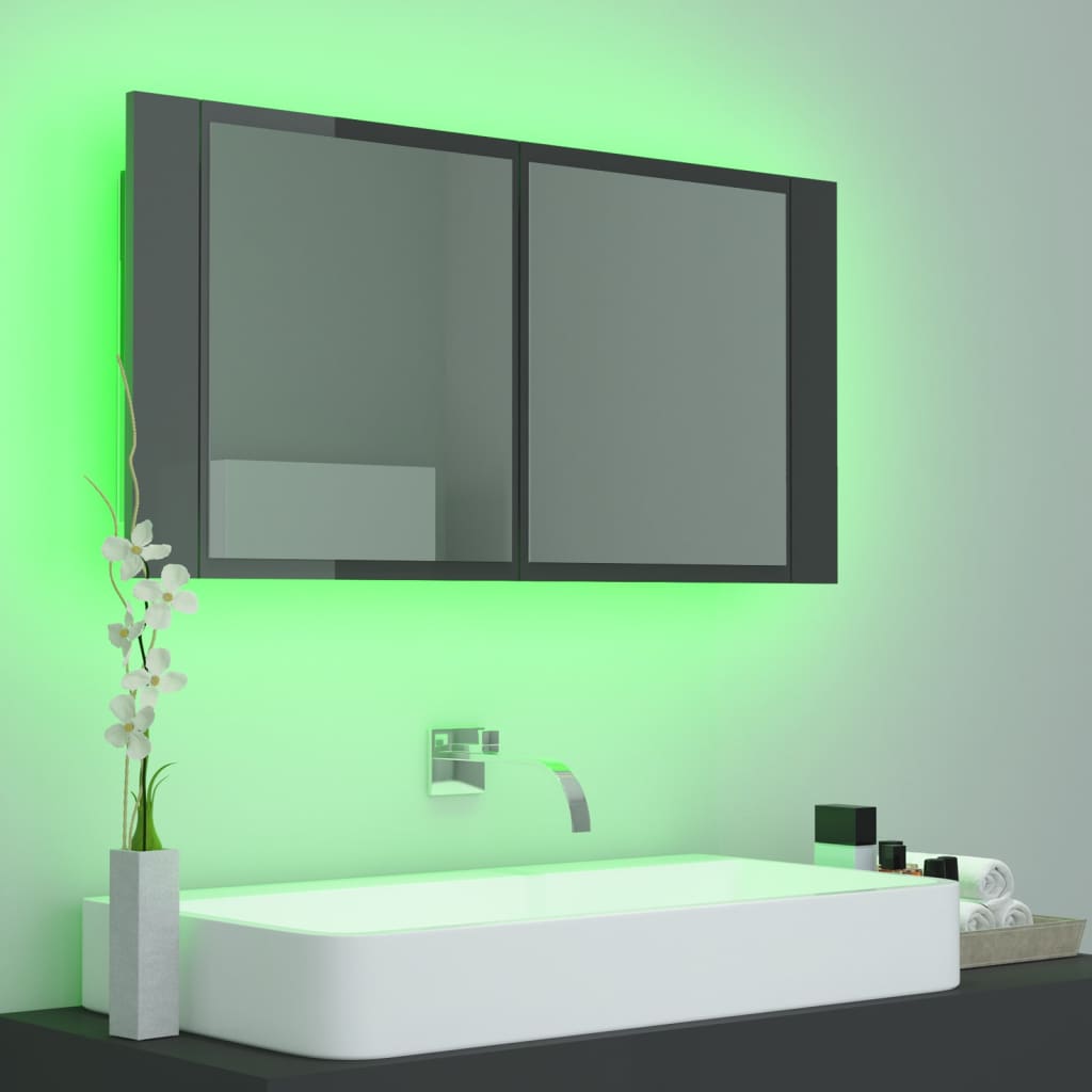 vidaXL LED Bathroom Mirror Cabinet High Gloss Grey 90x12x45 cm Acrylic