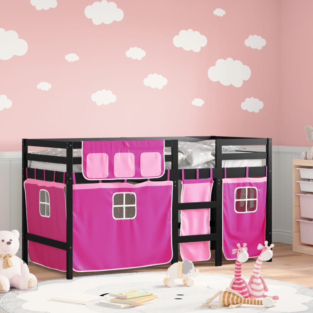 vidaXL Kids' Loft Bed with Curtains Pink 90x200 cm Solid Wood Pine