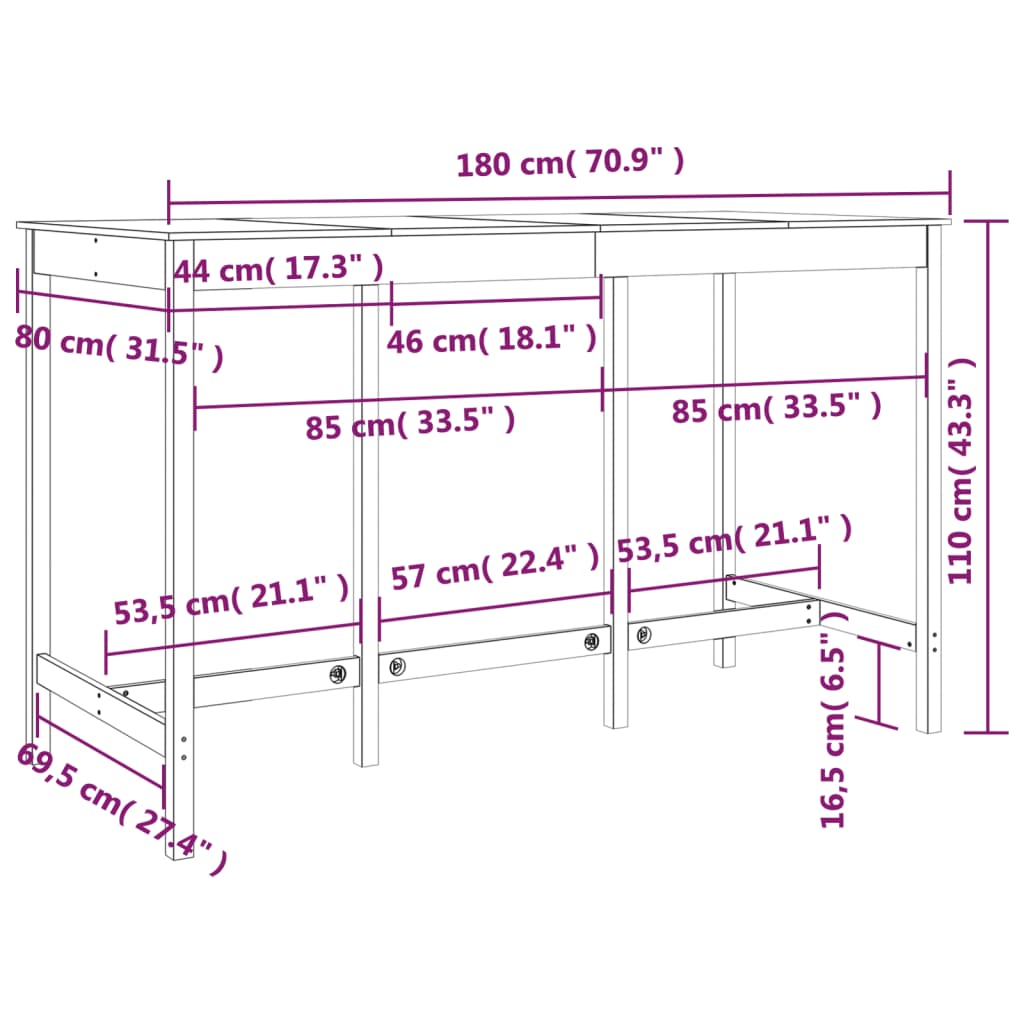 vidaXL Bar Table 180x80x110 cm Solid Wood Pine