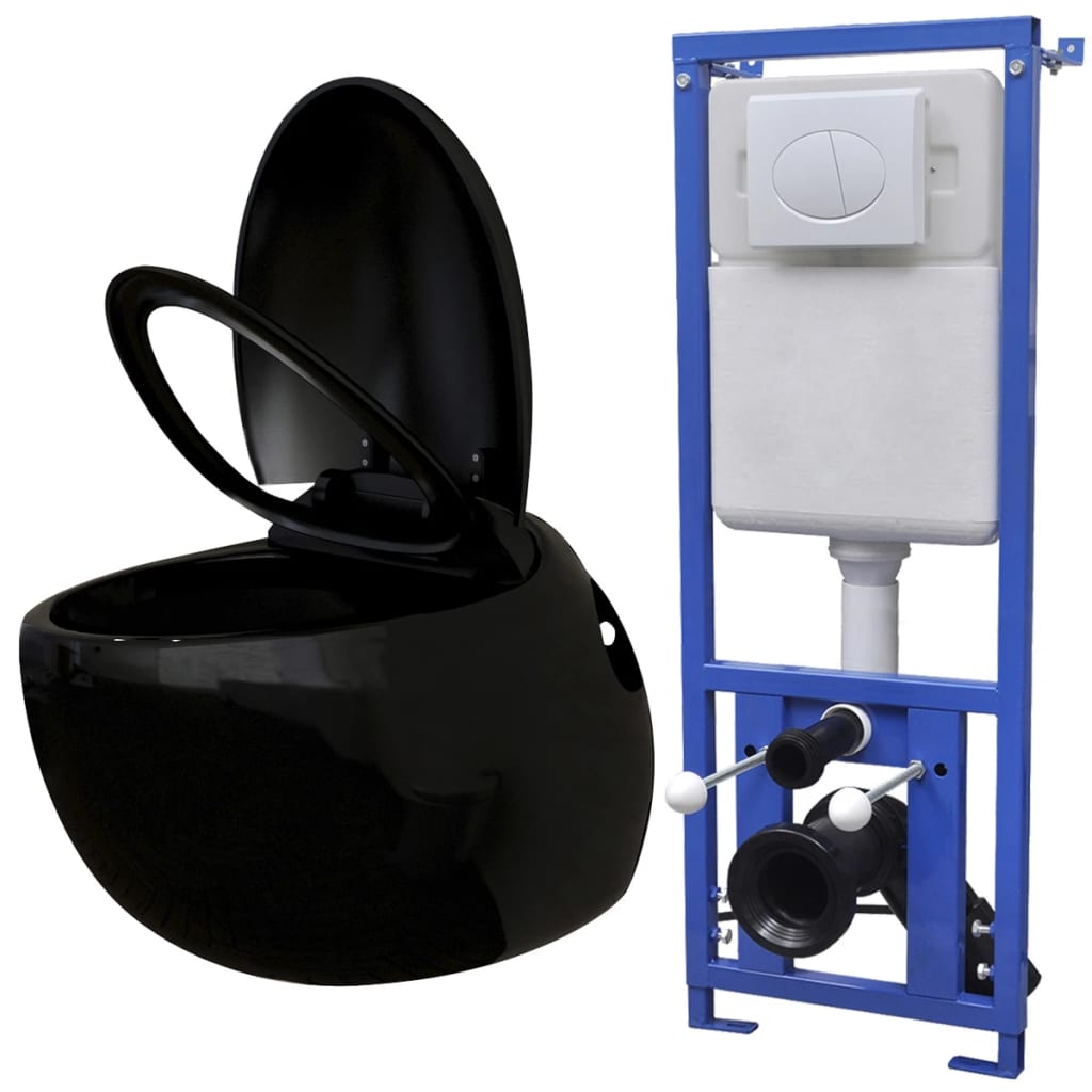 vidaXL Wall Hung Toilet Egg Design with Concealed Cistern Black