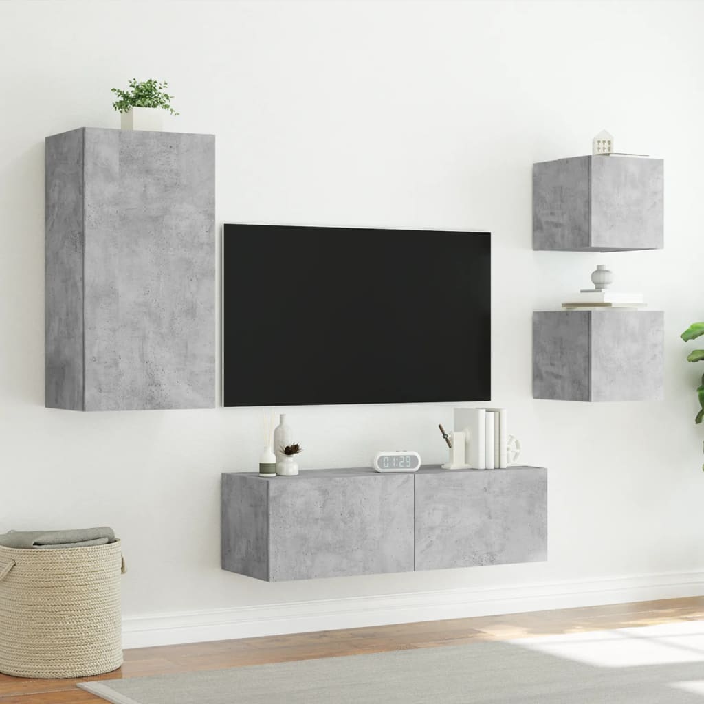 vidaXL 4 Piece TV Wall Cabinets with LED Lights Concrete Grey
