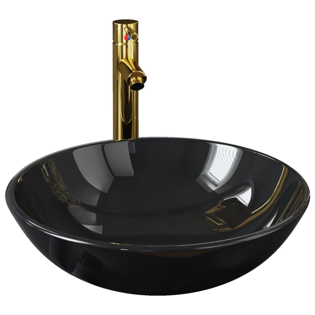 vidaXL Bathroom Sink with Tap and Push Drain Black Tempered Glass