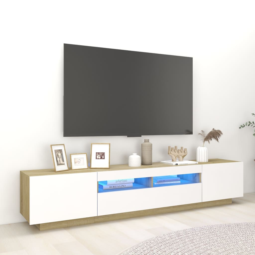 vidaXL TV Cabinet with LED Lights White and Sonoma Oak 200x35x40 cm