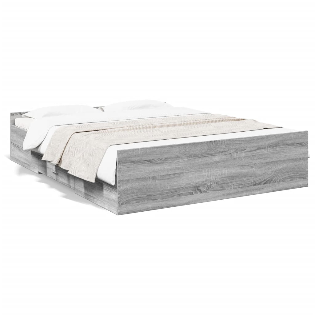 vidaXL Bed Frame with Drawers Grey Sonoma 150x200 cm King Size Engineered Wood