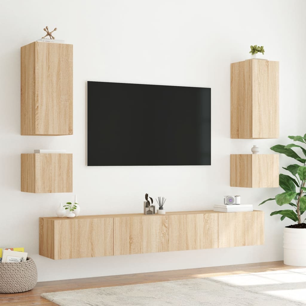 vidaXL 6 Piece TV Wall Cabinets with LED Lights Sonoma Oak