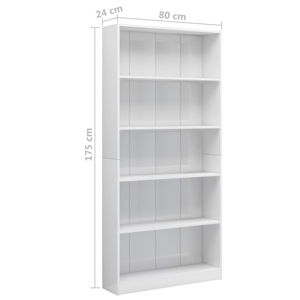 vidaXL 5-Tier Book Cabinet High Gloss White 80x24x175 cm Engineered Wood
