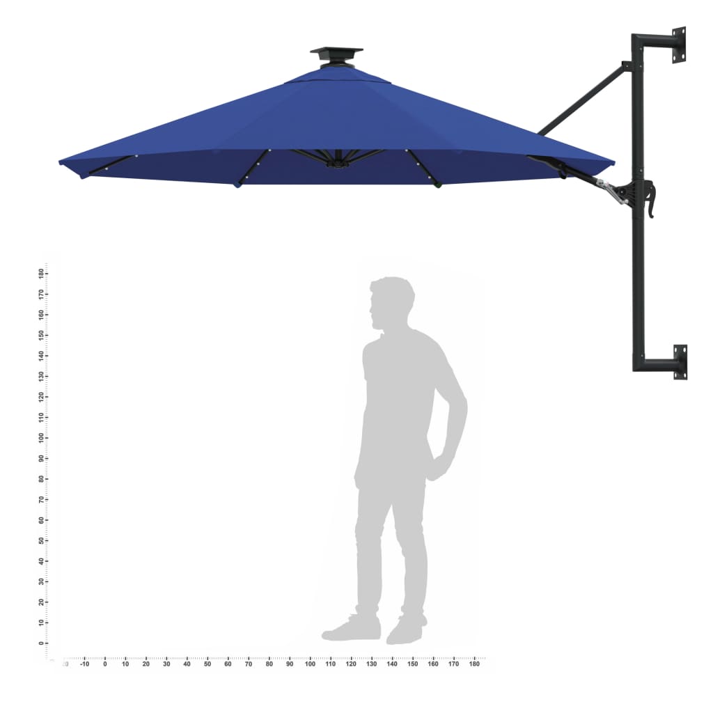 vidaXL Wall-mounted Parasol with LEDs and Metal Pole 300 cm Blue