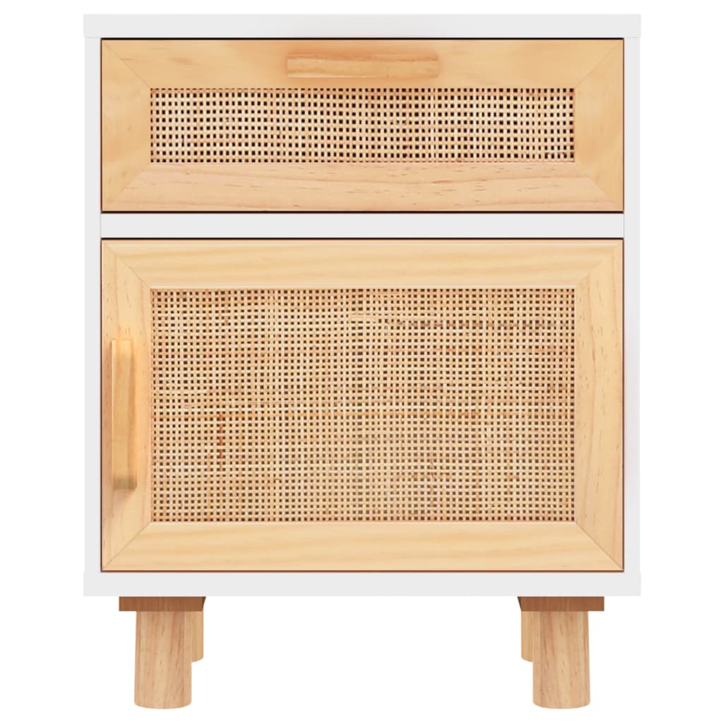 vidaXL Bedside Cabinet White Solid Wood Pine and Natural Rattan