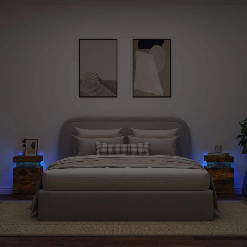 vidaXL Bedside Cabinets with LED Lights 2 pcs Smoked Oak 35x39x55 cm