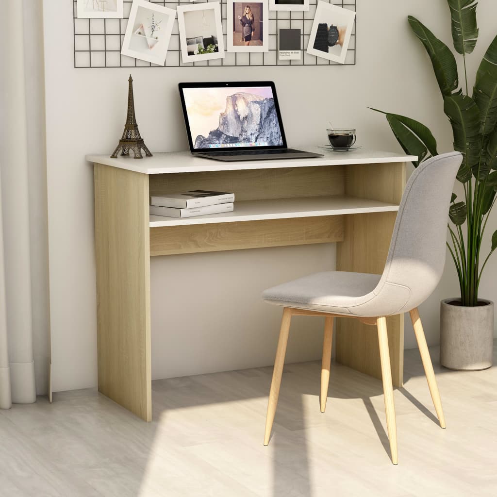 vidaXL Desk White and Sonoma Oak 90x50x74 cm Engineered Wood