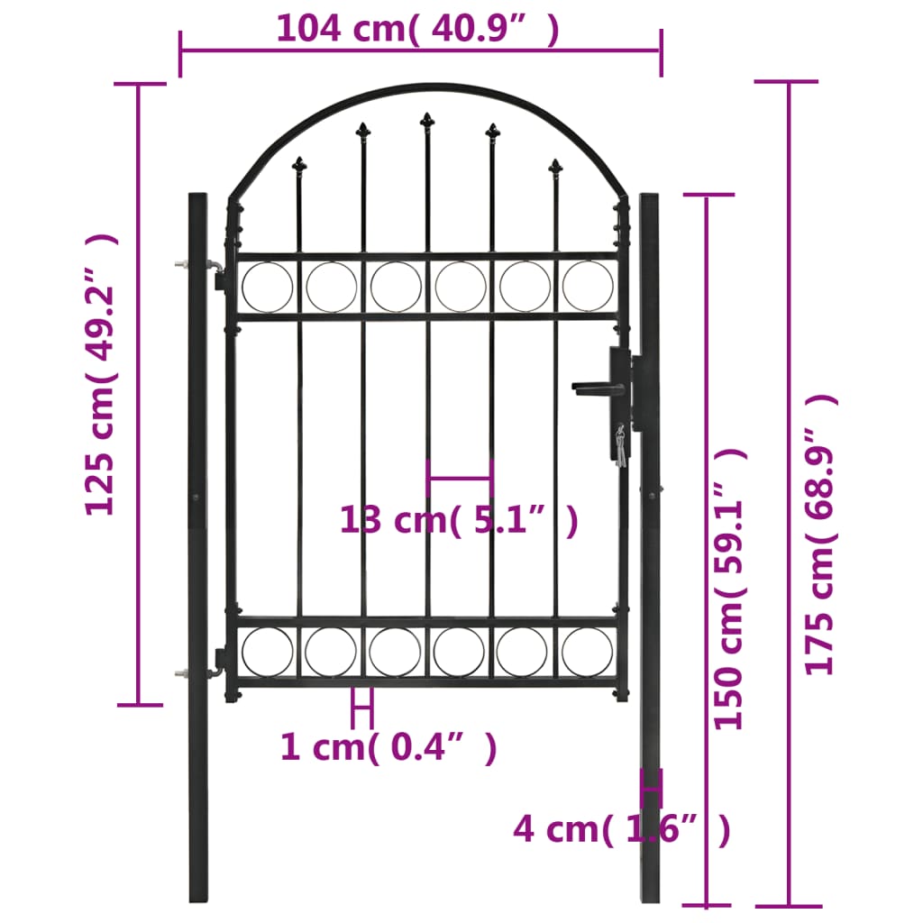 vidaXL Fence Gate with Arched Top Steel 100x125 cm Black