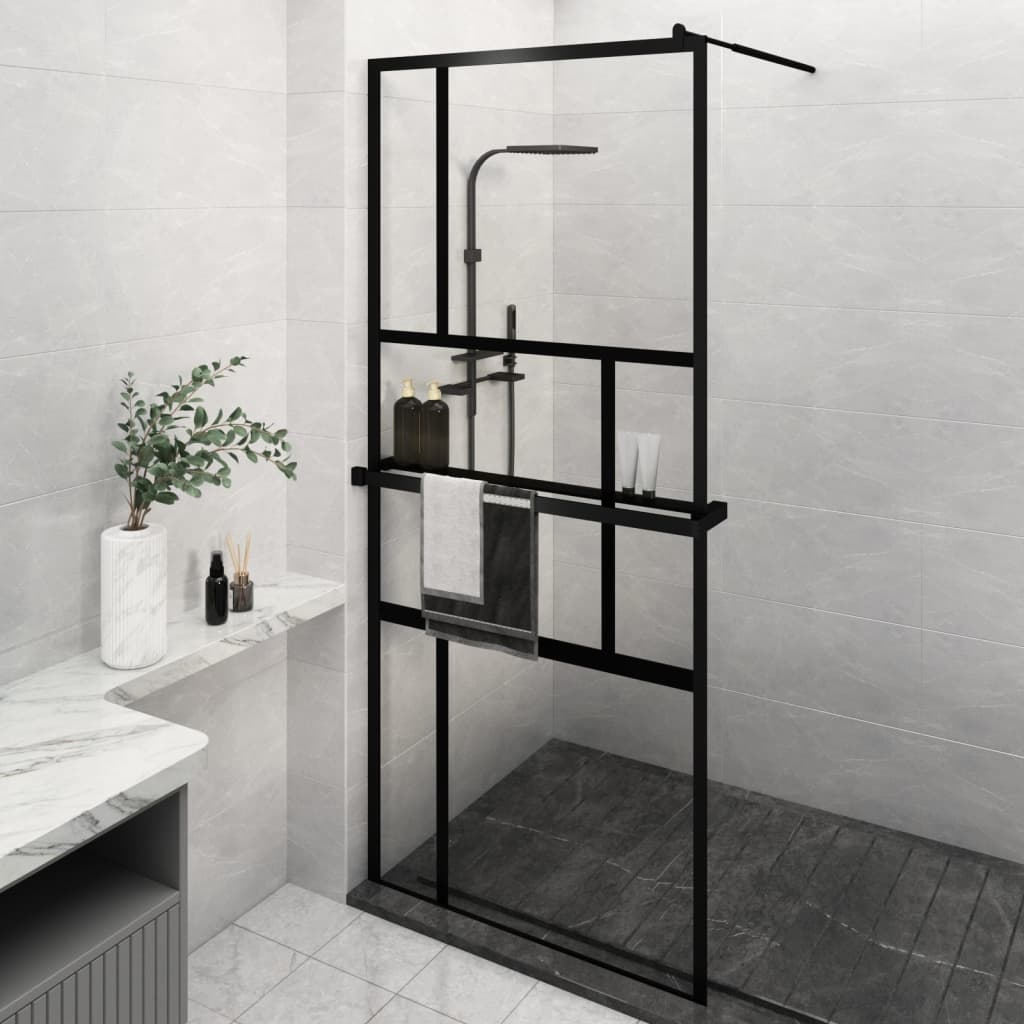 vidaXL Walk-in Shower Wall with Shelf Black 100x195 cm ESG Glass&Aluminium