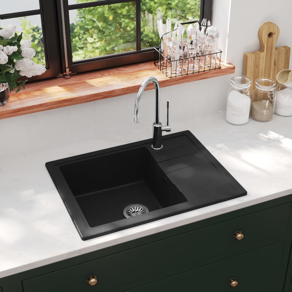 vidaXL Kitchen Sink with Overflow Hole Oval Black Granite