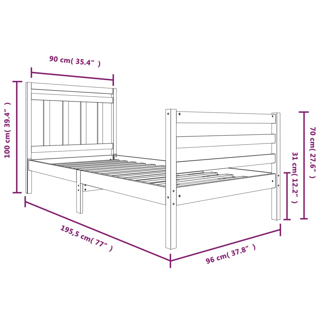 vidaXL Bed Frame Grey 90x190 cm Single Solid Wood