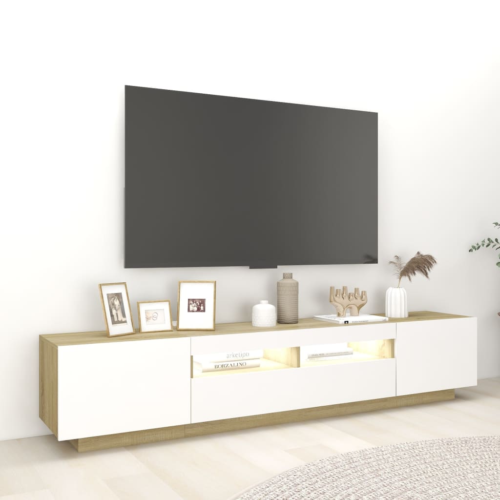 vidaXL TV Cabinet with LED Lights White and Sonoma Oak 200x35x40 cm