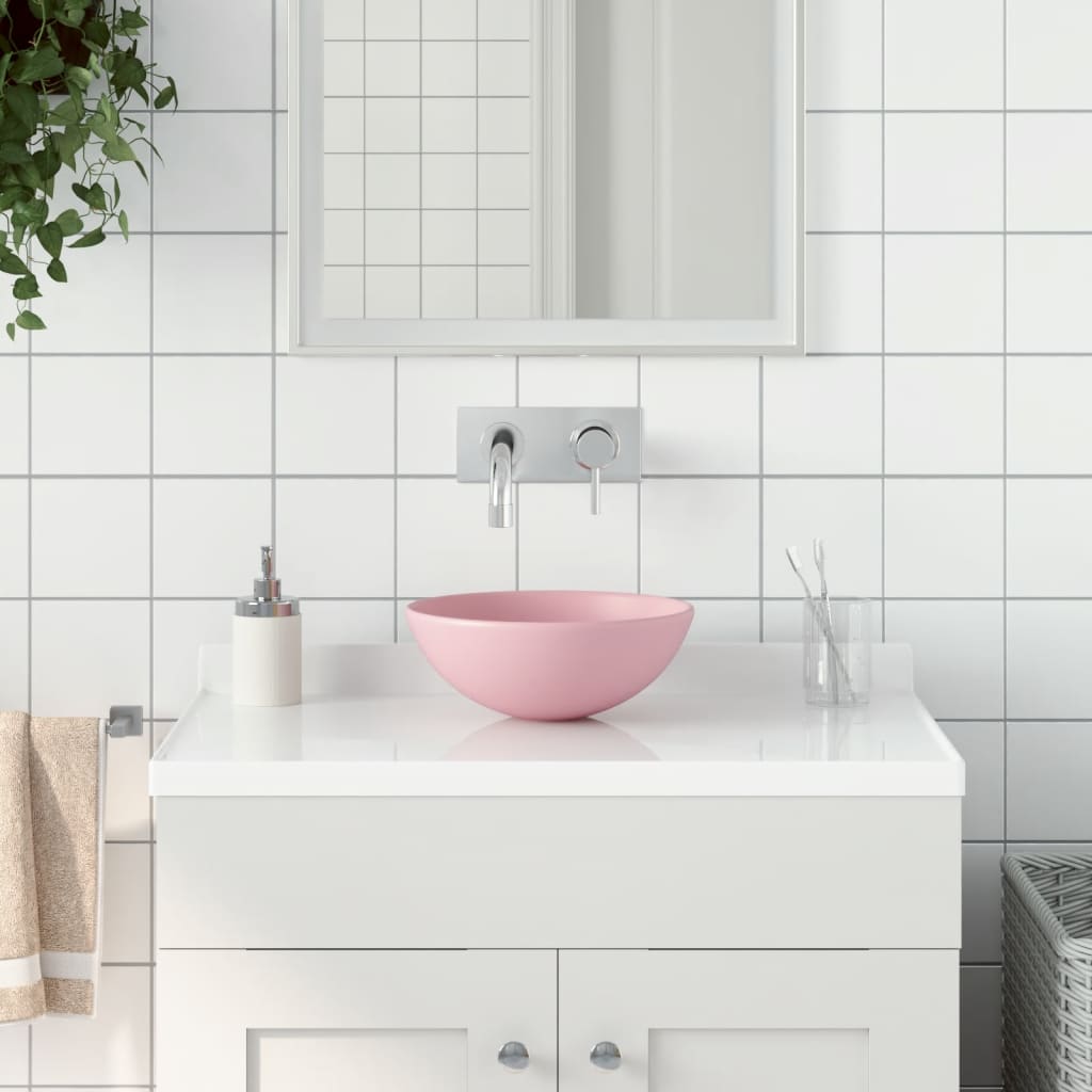 vidaXL Bathroom Sink Ceramic Matt Pink Round