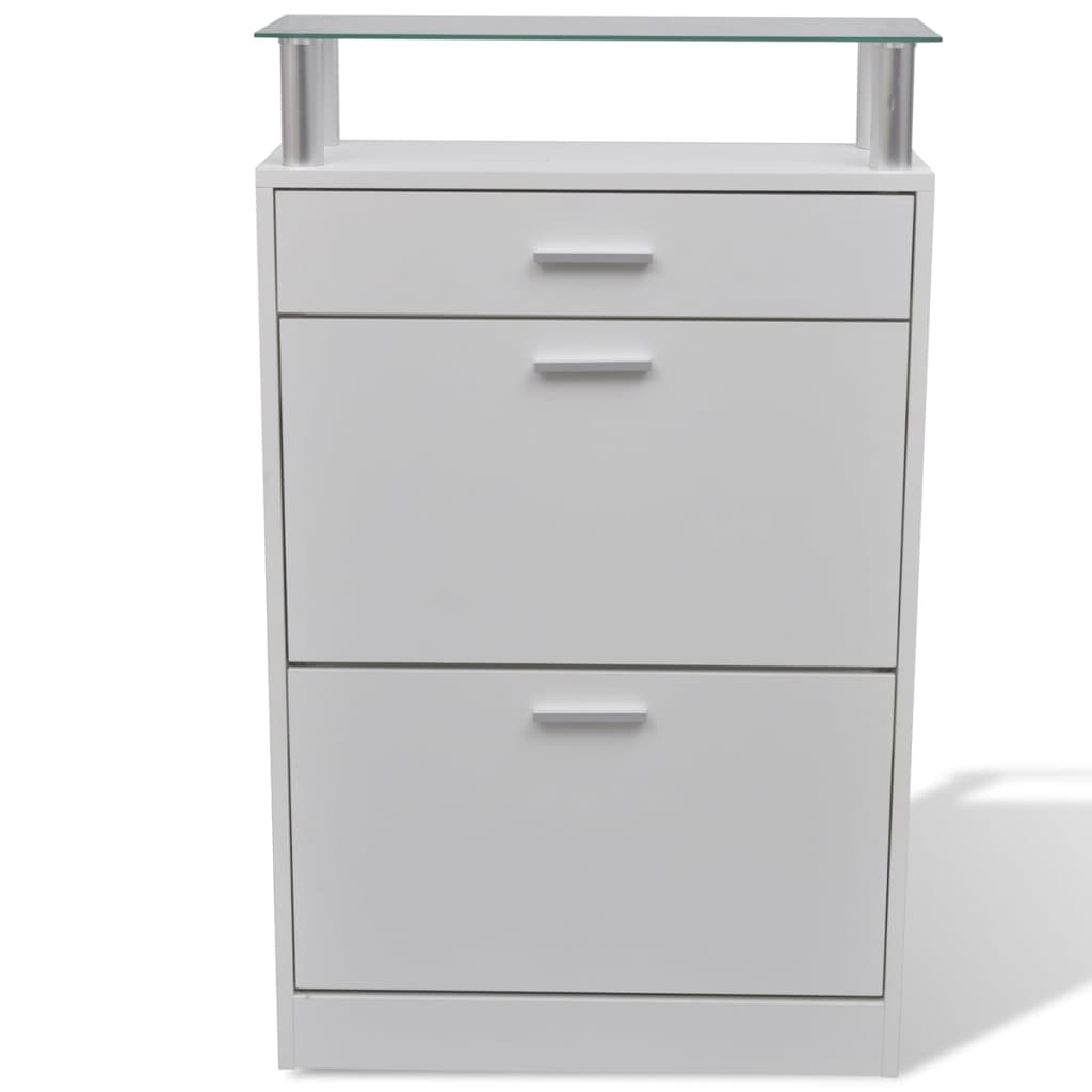 vidaXL Shoe Cabinet with a Drawer and a Top Glass Shelf Wood White