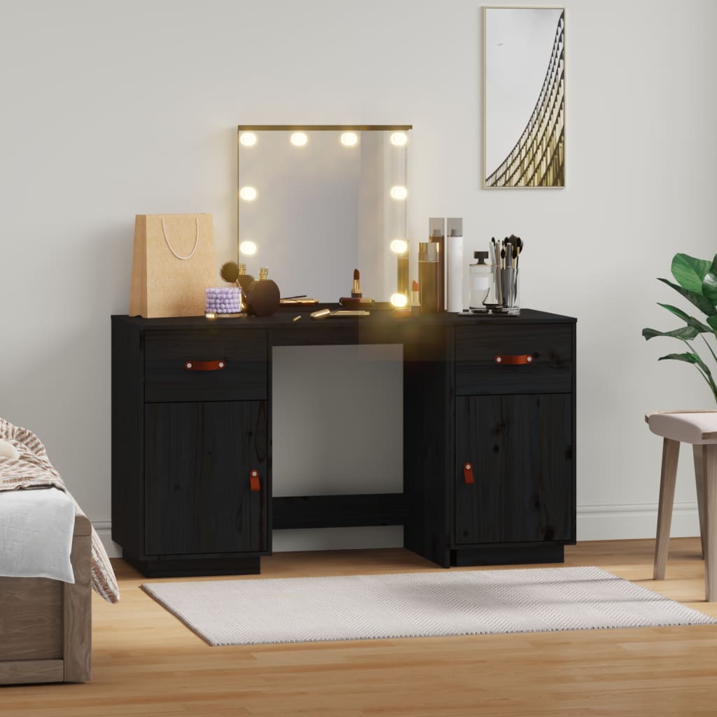 vidaXL Dressing Table Set with LED Black Solid Wood Pine
