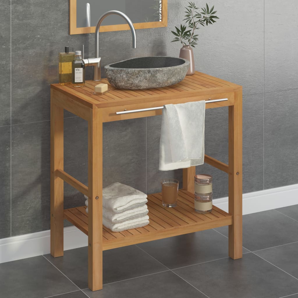 vidaXL Bathroom Vanity Cabinet Solid Teak with Riverstone Sink