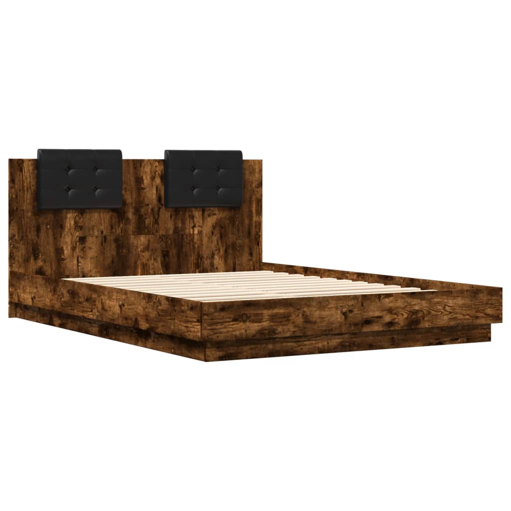 vidaXL Bed Frame with Headboard and LED Lights Smoked Oak 140x200 cm